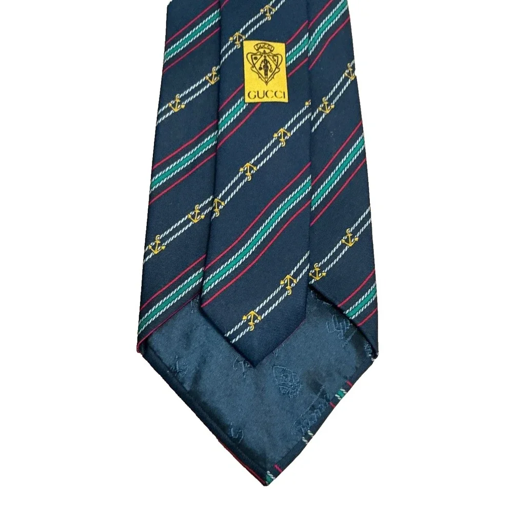 Gucci Nautical Navy Anchor Rope Striped Vintage 80's Classic Point Silk Men Tie